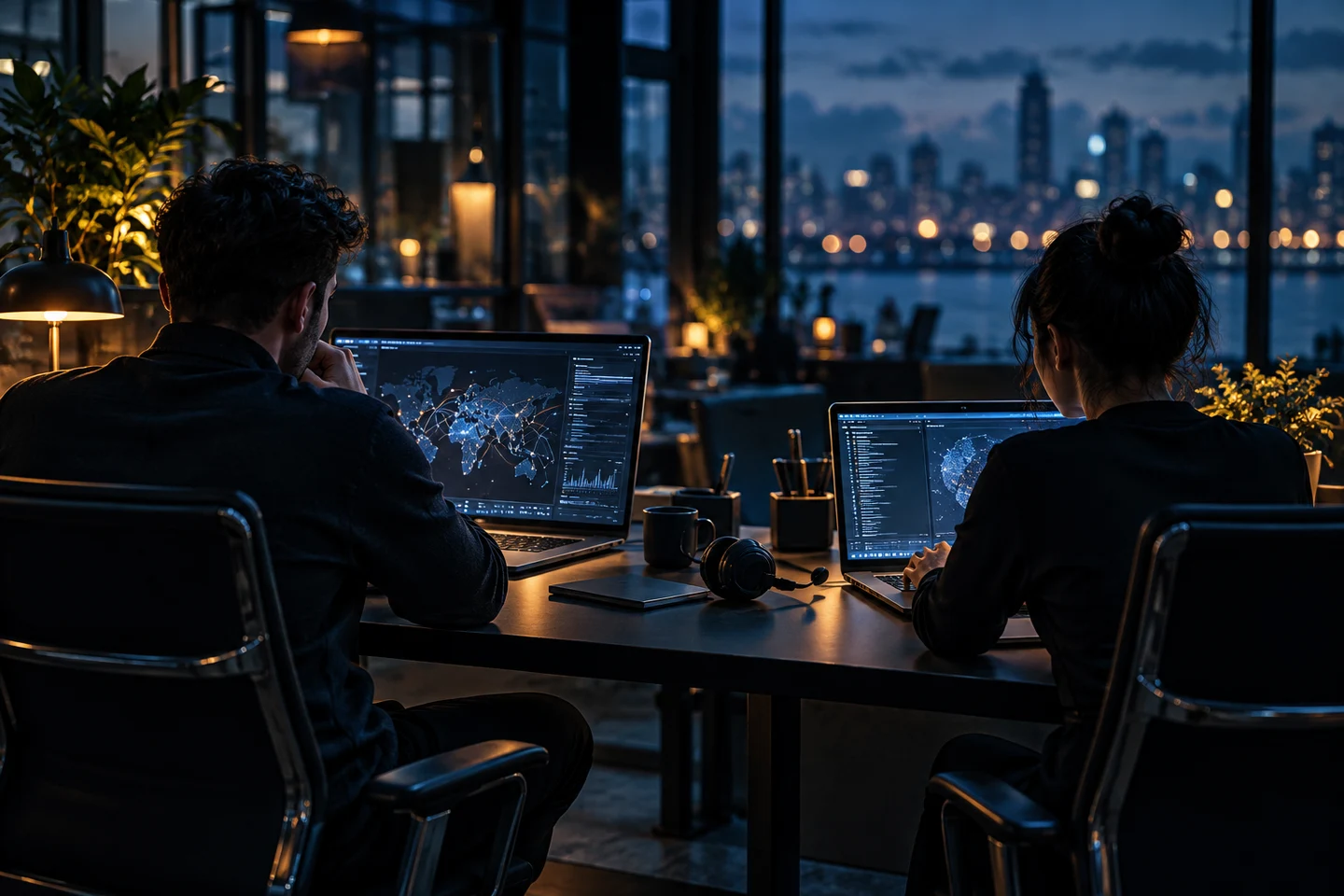 Two IT engineers collaborating at a support desk