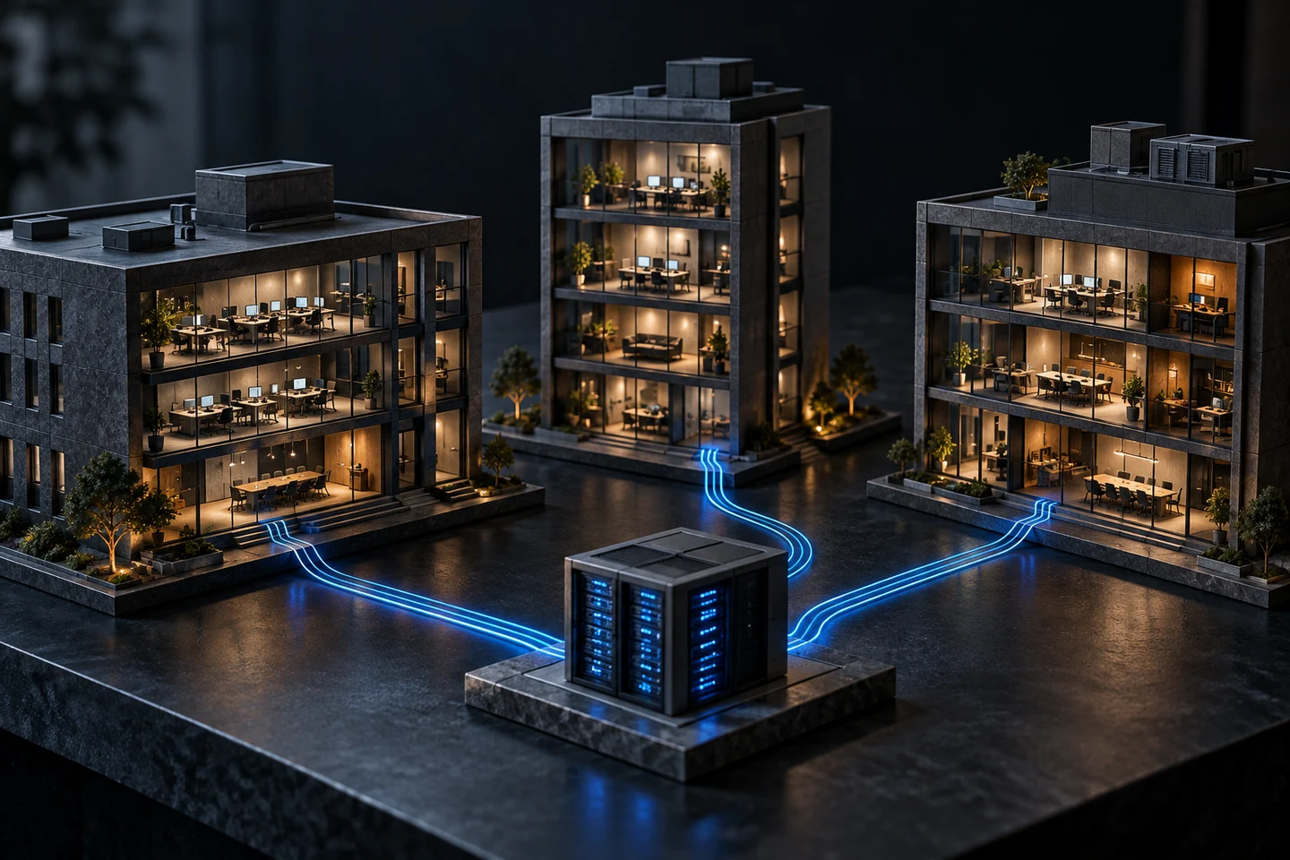 Office models connected to a shared server by blue lines
