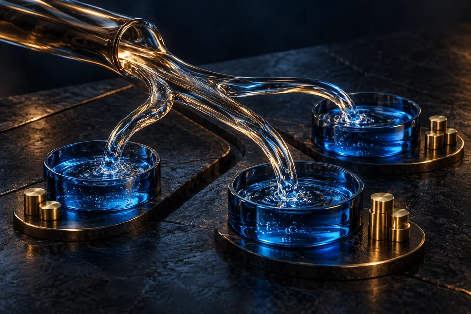 FinanceFlow365 concept: transparent streams between glass reservoirs