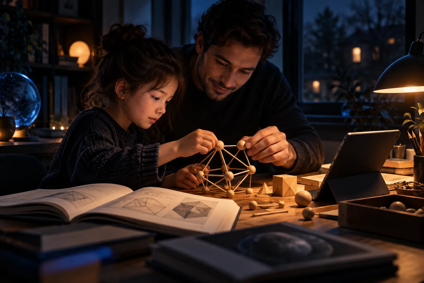 A parent and child assembling a geometric learning model