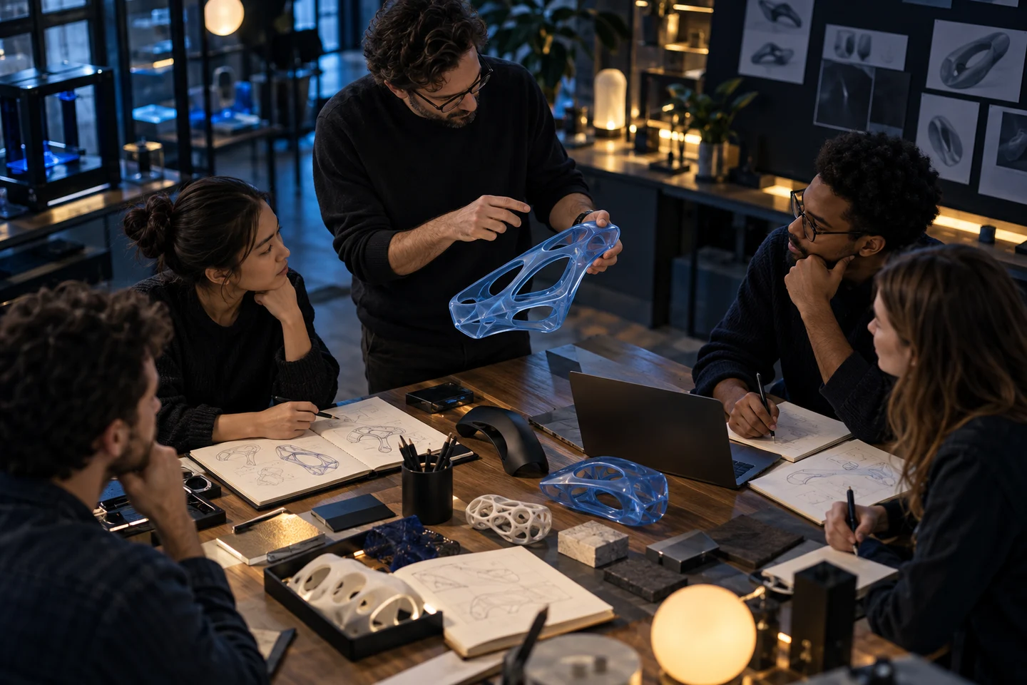Adult learners discussing a blue prototype around a table