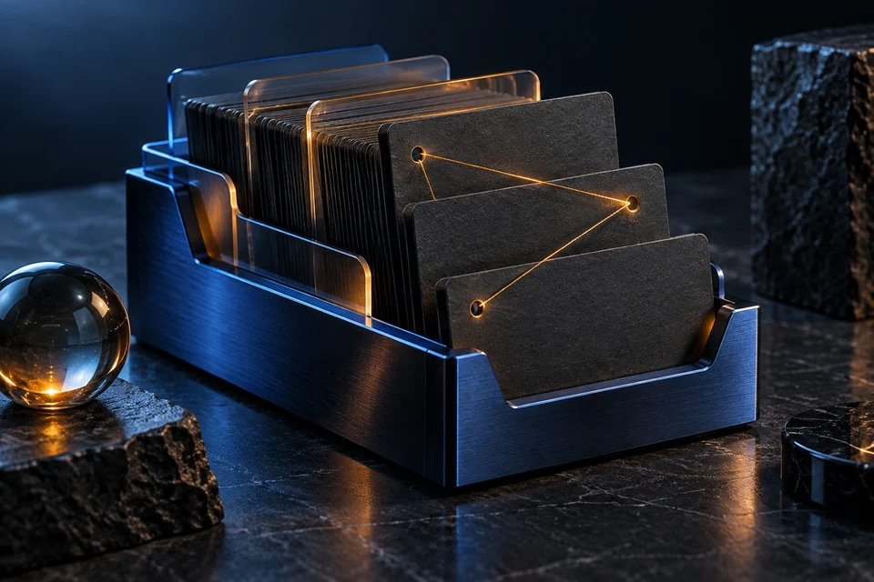 Kartoteq concept: connected index cards in an archive holder