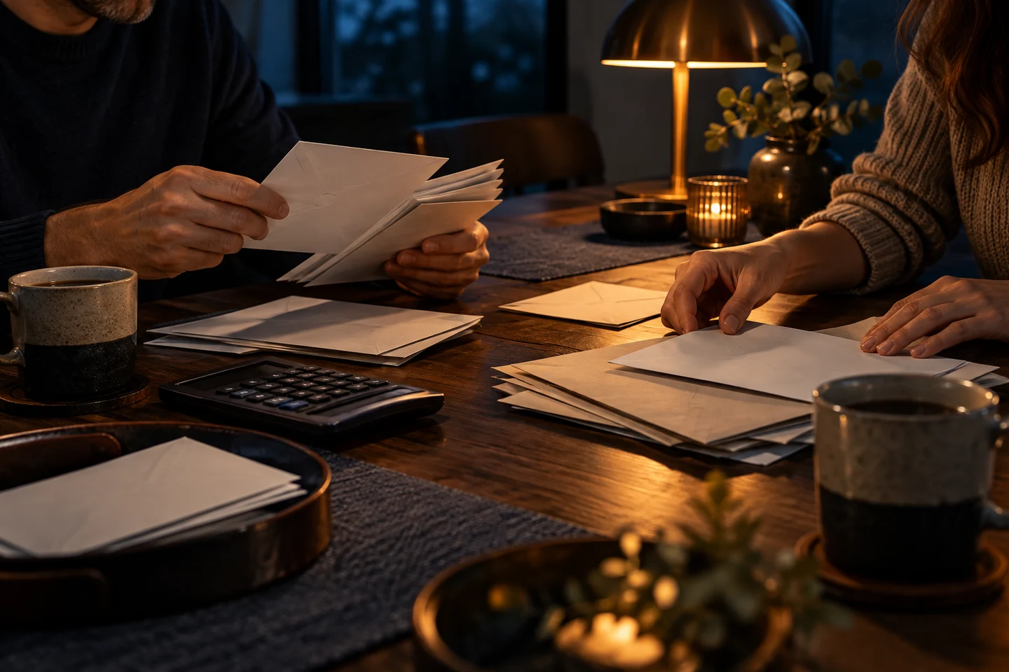 A couple arranging household budget envelopes with a calculator