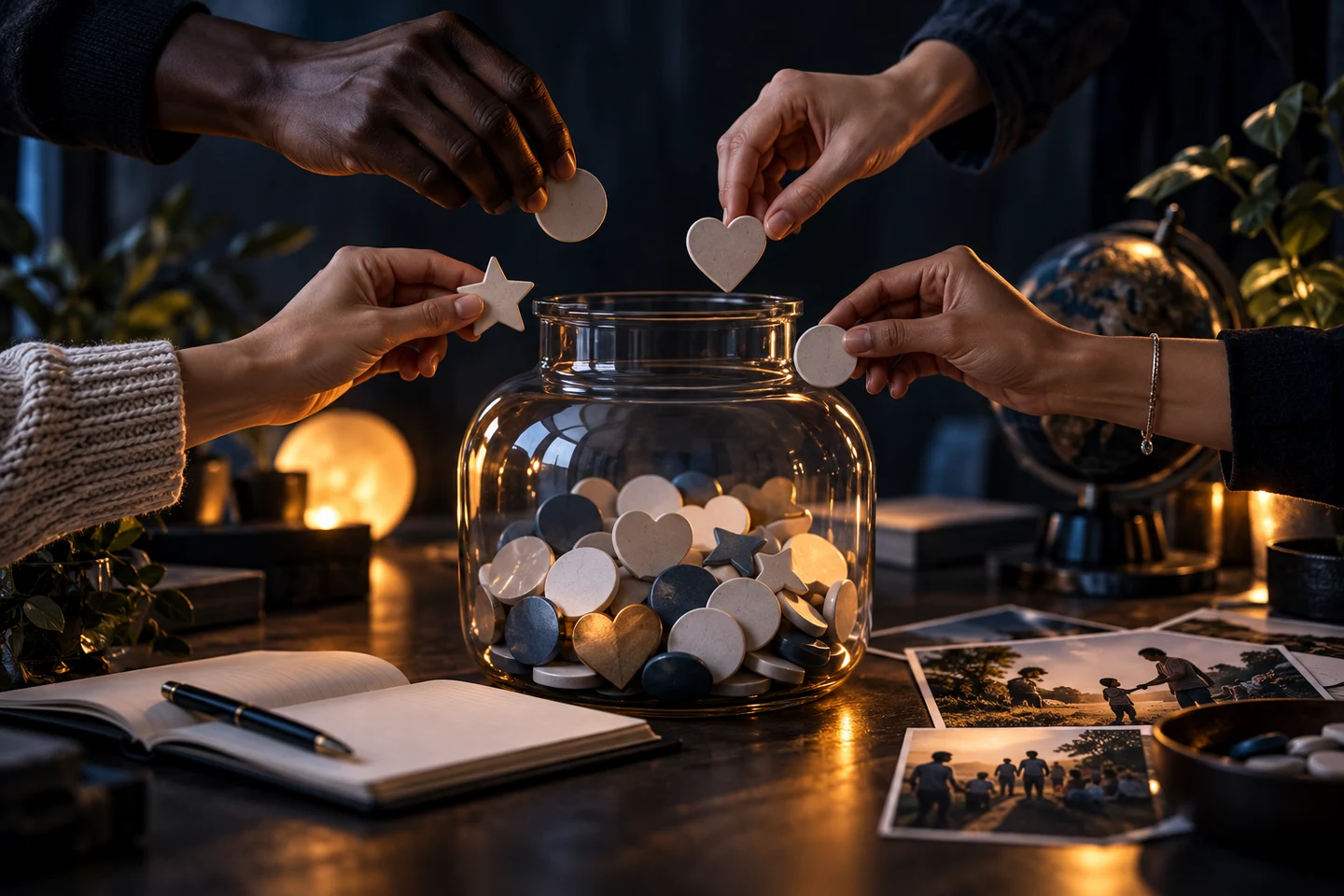 Contributors placing tokens in a shared fundraising jar