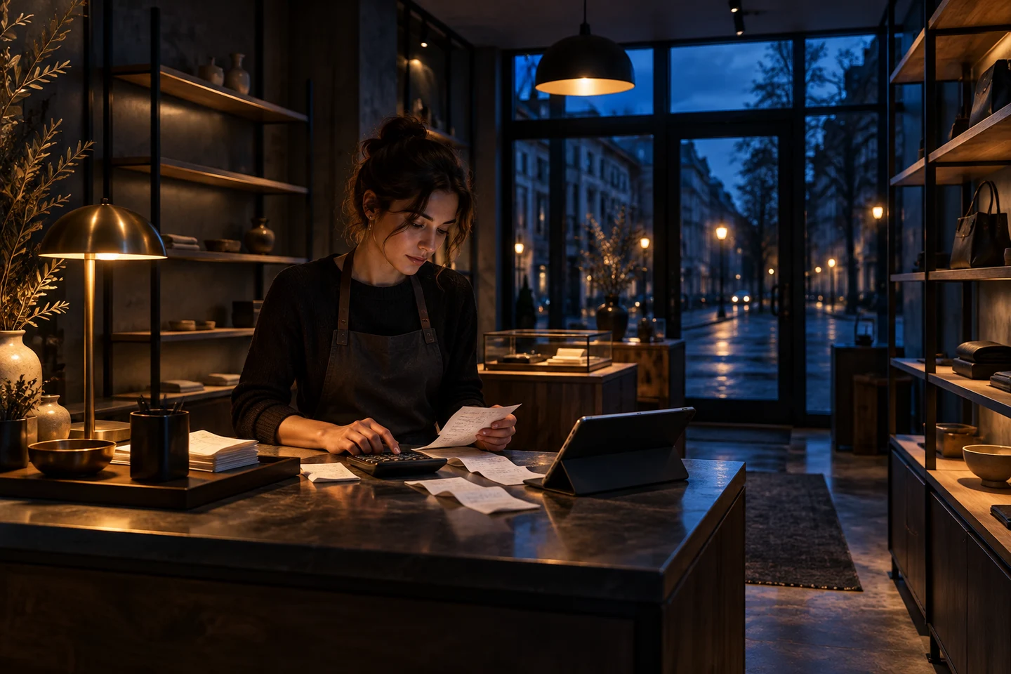 A boutique owner reviewing receipts at the checkout counter