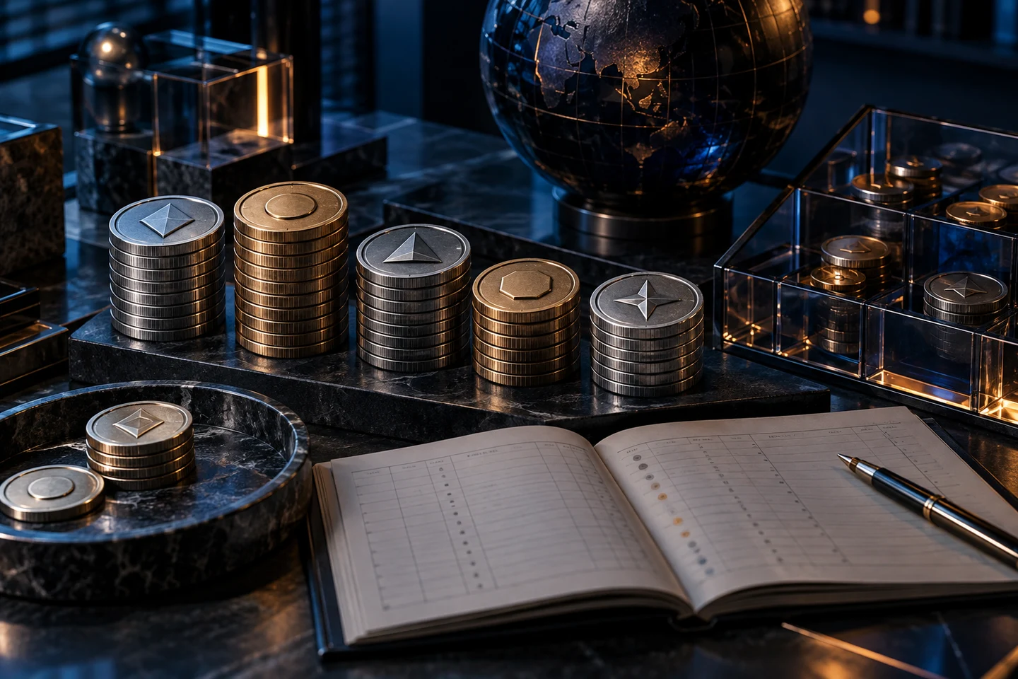 Separate coin stacks beside an open multicurrency ledger
