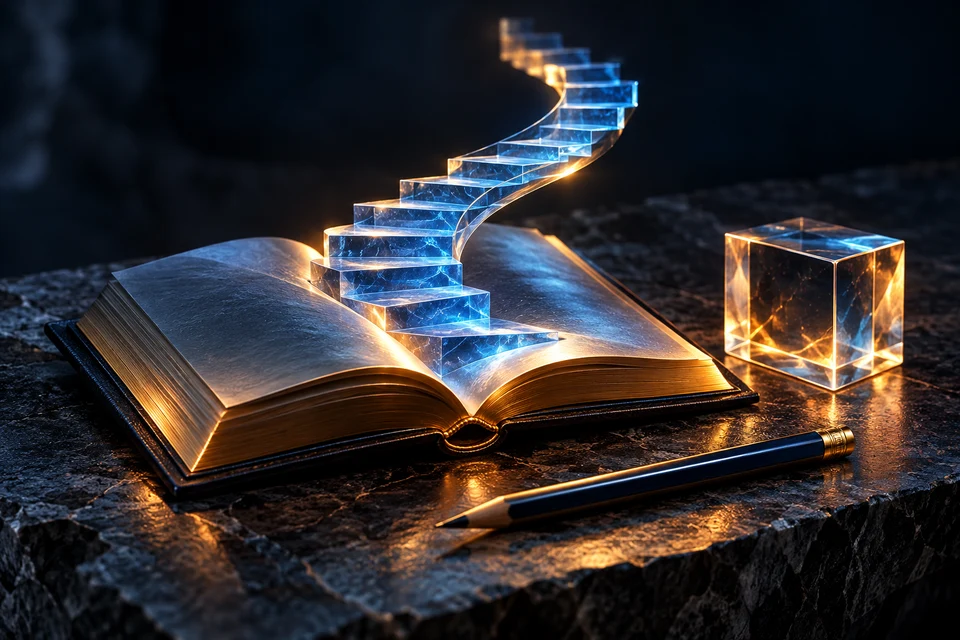 EvoluteMe concept: illuminated steps rising from an open book